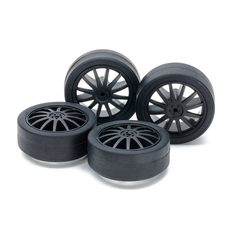 Tamiya Mini 4WD Low-Friction Low-Profile Tires (26mm) & Carbon Wheels