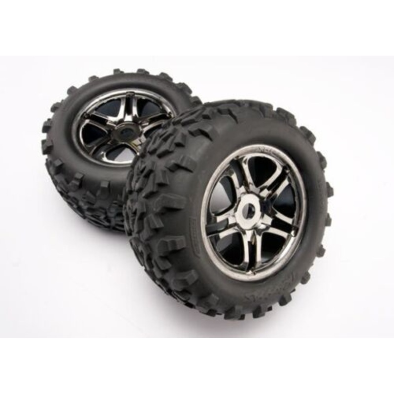 TRAXXAS 4983A Tires & wheels assembled, glued SS Split Spoke black chrome wheels, Maxx tires 6.3"