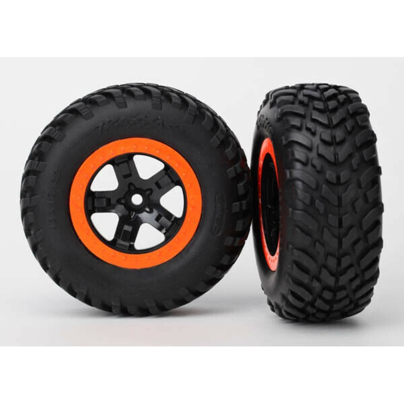 TRAXXAS 5863 Tires & wheels, assembled, glued (SCT black, orange beadlock wheels, dual profile (2.2" outer, 3.0" inner), SCT off-road racing tire, (4WD front/rear, 2WD rear) (TSM rated)