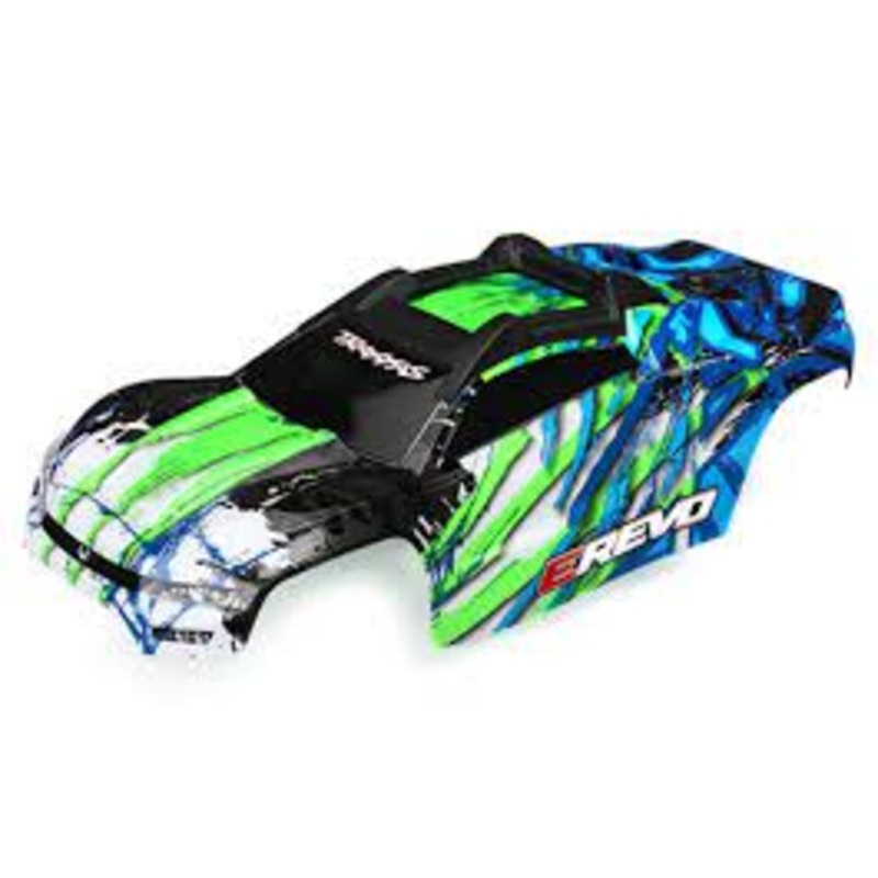 TRAXXAS 8611G Lexan Body, E-Revo, green/ window, grill, lights decal sheet (assembled with front & rear body mounts and rear body support for clipless mounting) *DISC