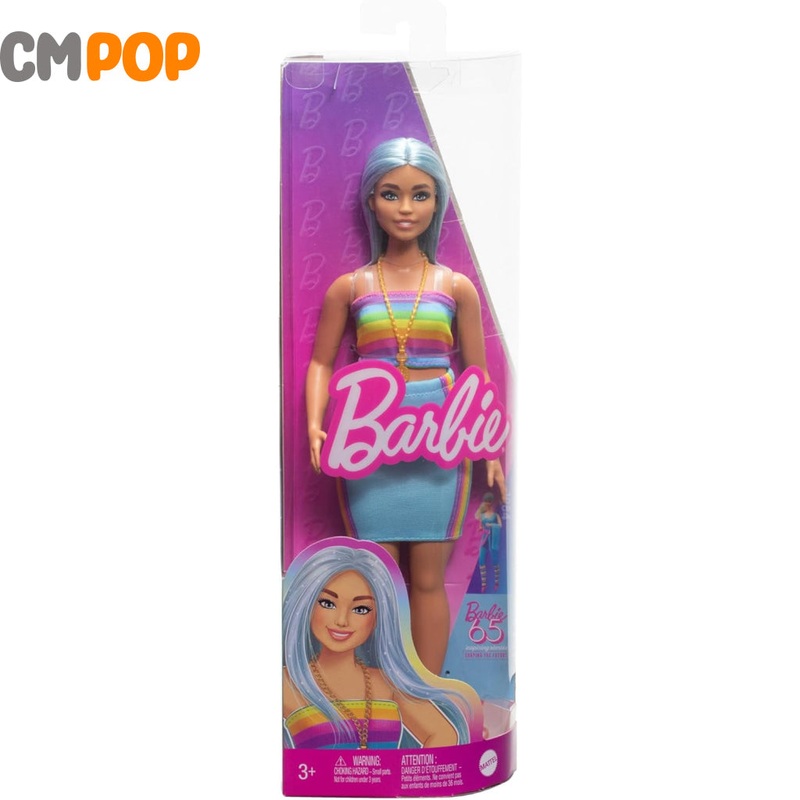 Barbie Fashionistas Doll #218 with Long Blue Hair, Rainbow Top & Teal Skirt
