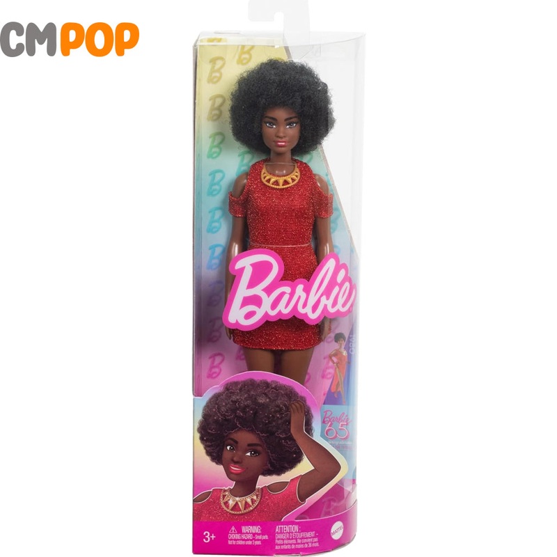 Barbie Fashionistas Doll #221 with Natural Black Hair Wearing Removable Red Dress & Accessories