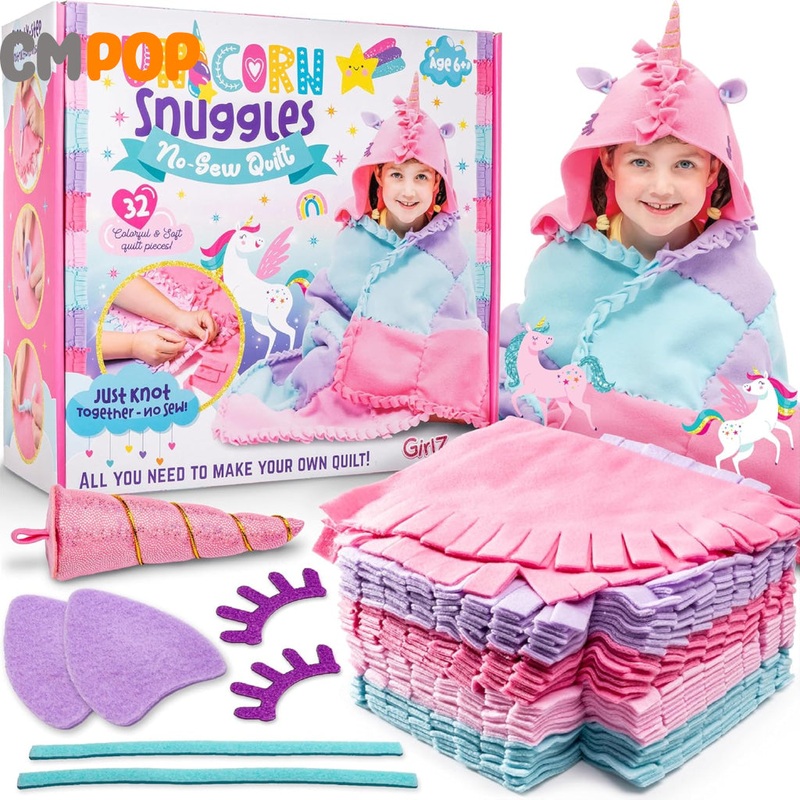 GirlZone - Unicorn Snuggles No Sew Quilt Kit - to Create Your No Sew Fleece Tie Knot Blanket Kit - with 32 Colorful Quilt Pieces & Unicorn Hood Material